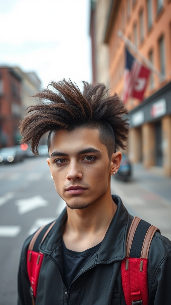 A young man with a bold curly mohawk hairstyle, wearing a black jacket and a red backpack, standing on a city street.