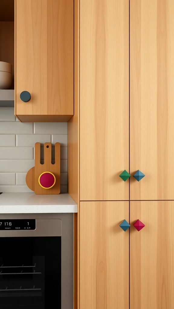 A kitchen with wooden cabinets featuring bold geometric knobs in various colors.