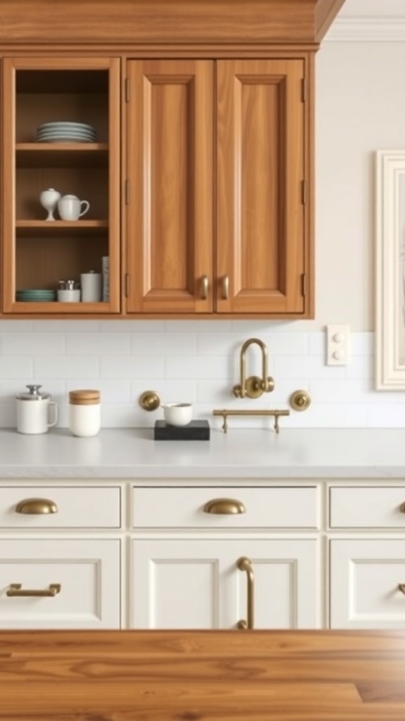 A stylish kitchen featuring bold knobs and pulls on cabinets.