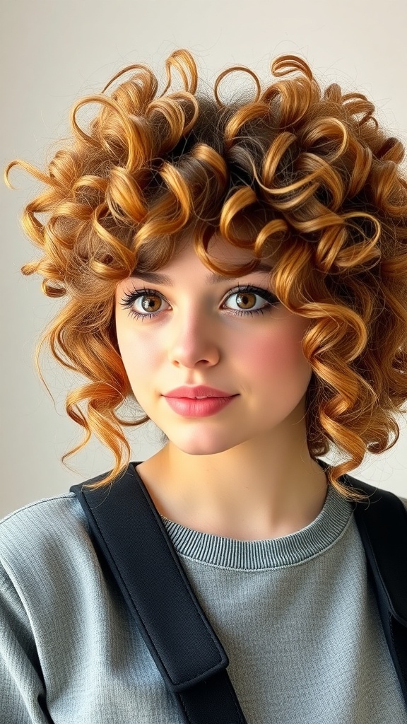 A young woman with bouncy, defined curls, showcasing a warm hair tone and a playful hairstyle.