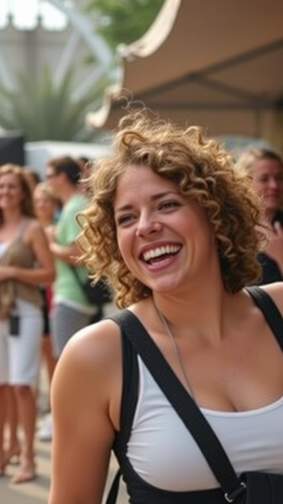 A woman with bouncy curly layers smiling joyfully in a casual setting.