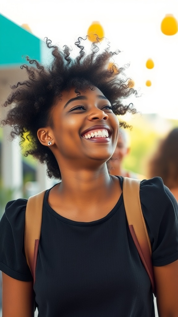 A person with bouncy curly hair smiling joyfully