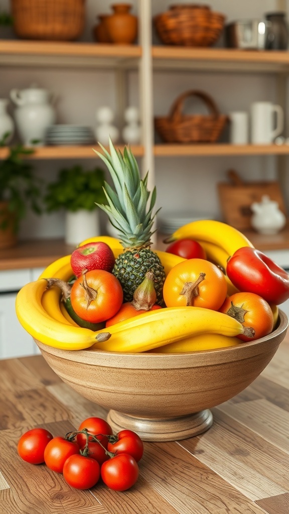 A wooden bowl filled with various fruits including bananas, apples, and a pineapple, placed on a kitchen table.