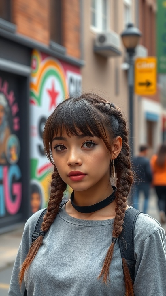 A young woman with braided bangs and two braids, wearing a casual outfit in an urban setting.