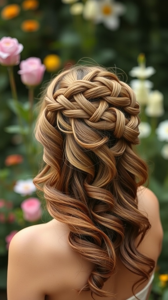 A woman with a braided crown hairstyle featuring cascading curls, surrounded by flowers.