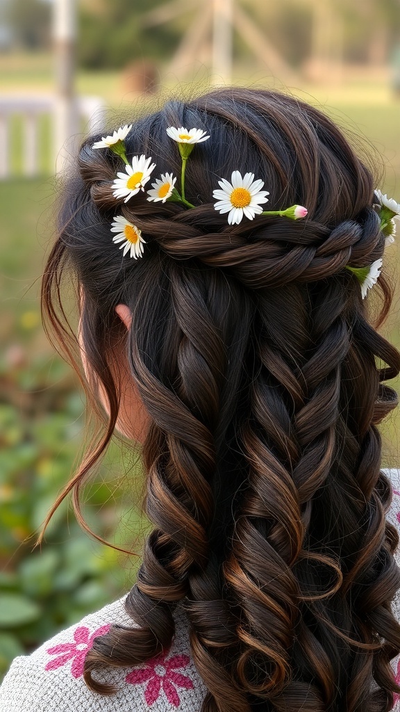 A woman with curly hair styled in a braided crown adorned with daisies.