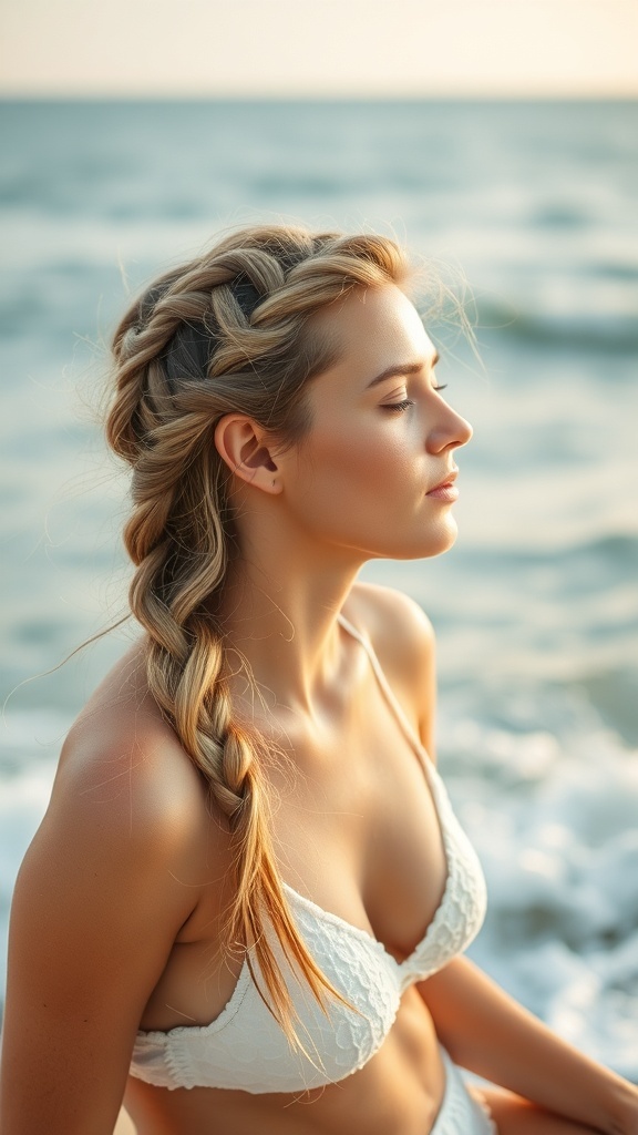A woman with a braided hairstyle sitting by the beach, enjoying the ocean view.
