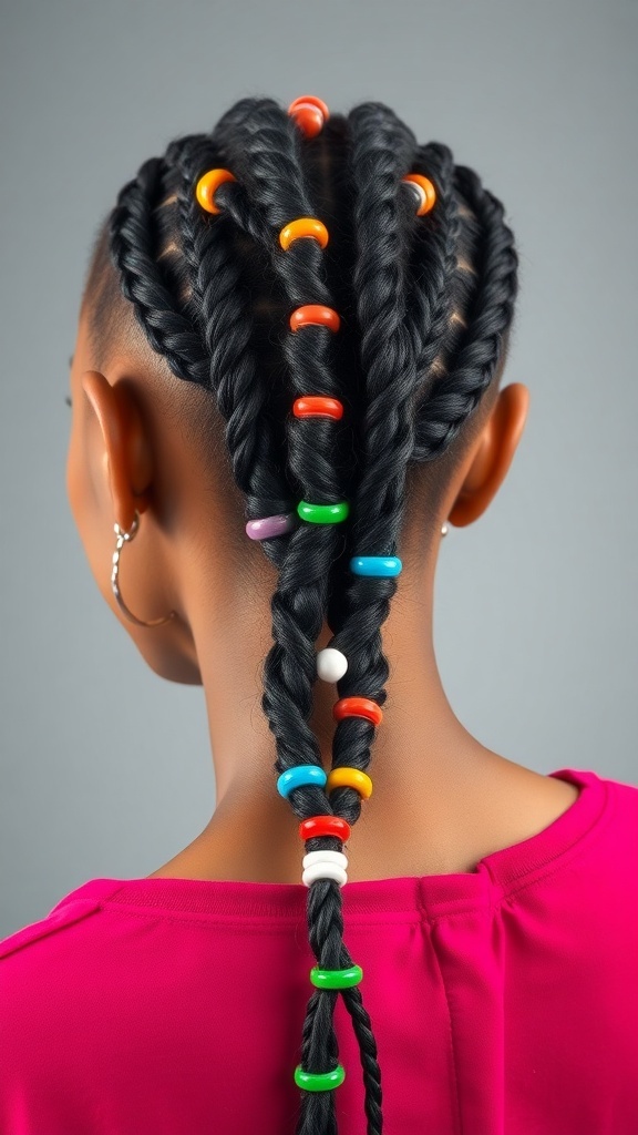 A close-up view of braided hair adorned with colorful beads, showcasing a stylish hairstyle.