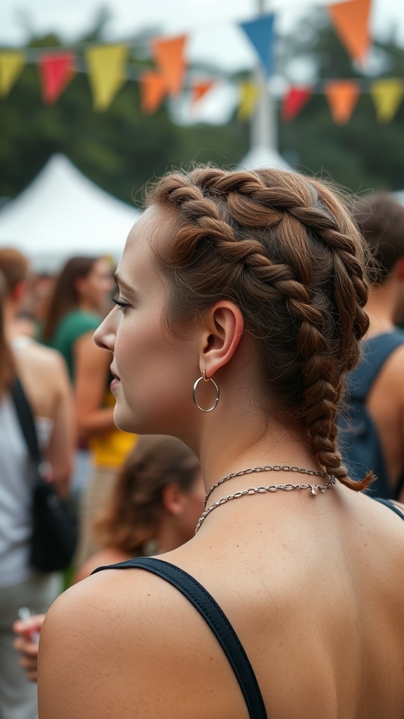 A woman with braided hair styled in a hairband look, enjoying an outdoor event.