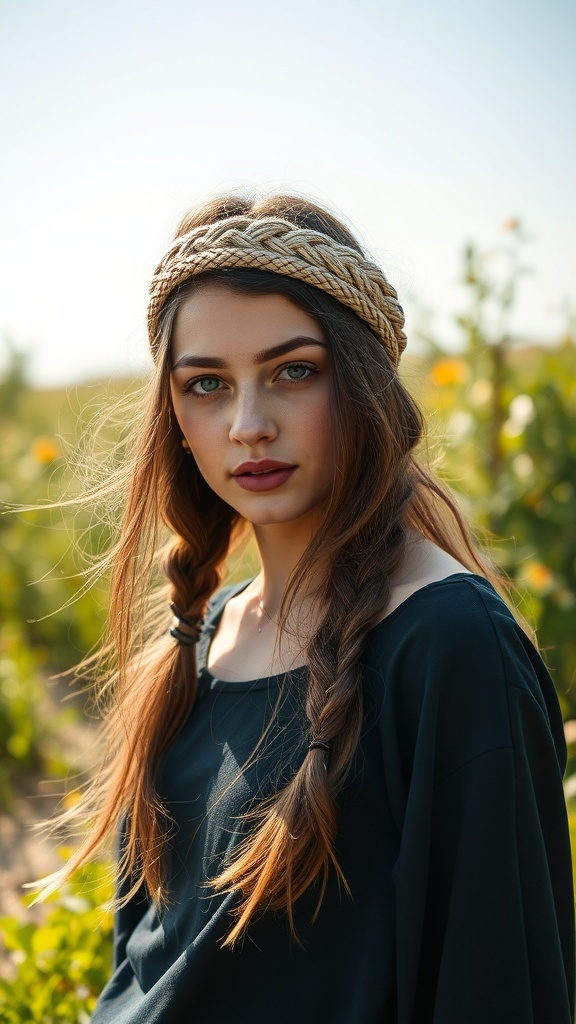 A young woman with a braided headband and two loose braids, set against a sunny outdoor background.