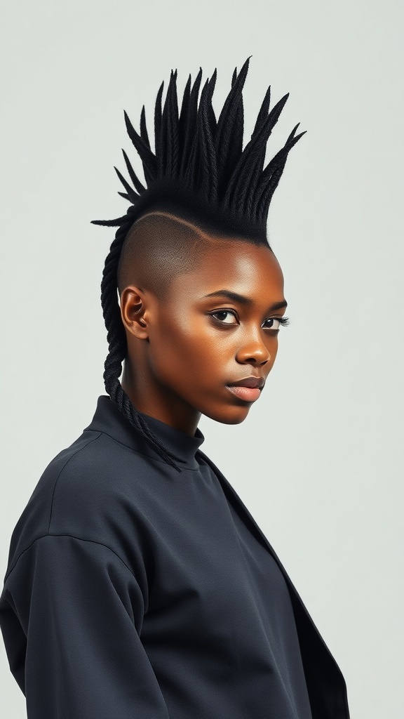 A person with a braided mohawk hairstyle, featuring high braids and shaved sides.
