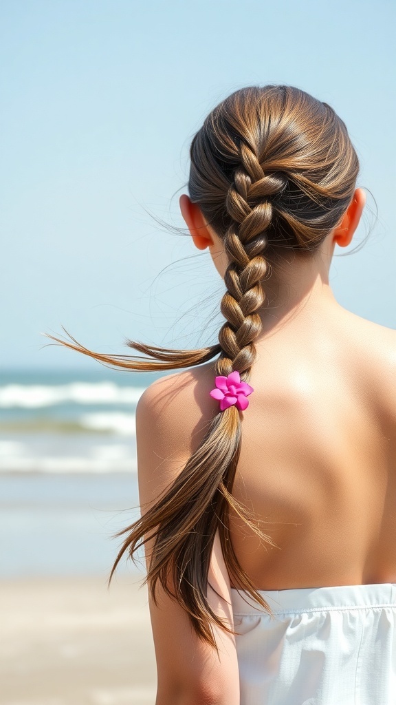 A girl with a braided ponytail and a pink flower accessory, standing by the beach.