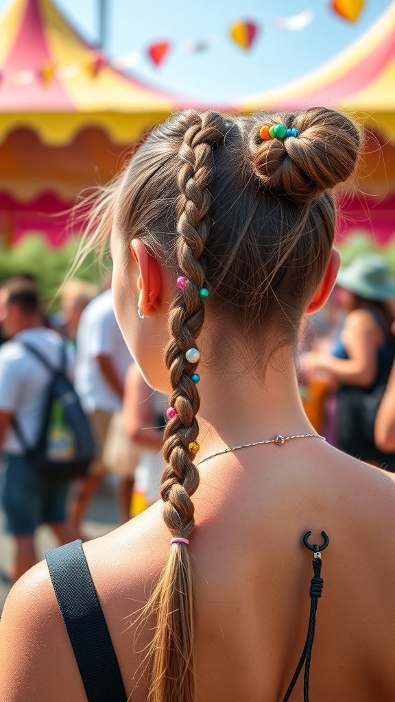 A stylish braided ponytail with colorful beads, paired with a bun, set against a vibrant festival background.