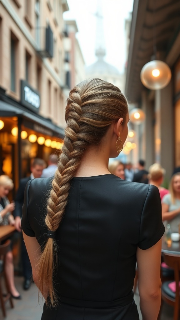 A woman with a braided ponytail in a stylish outfit, standing in a lively street.