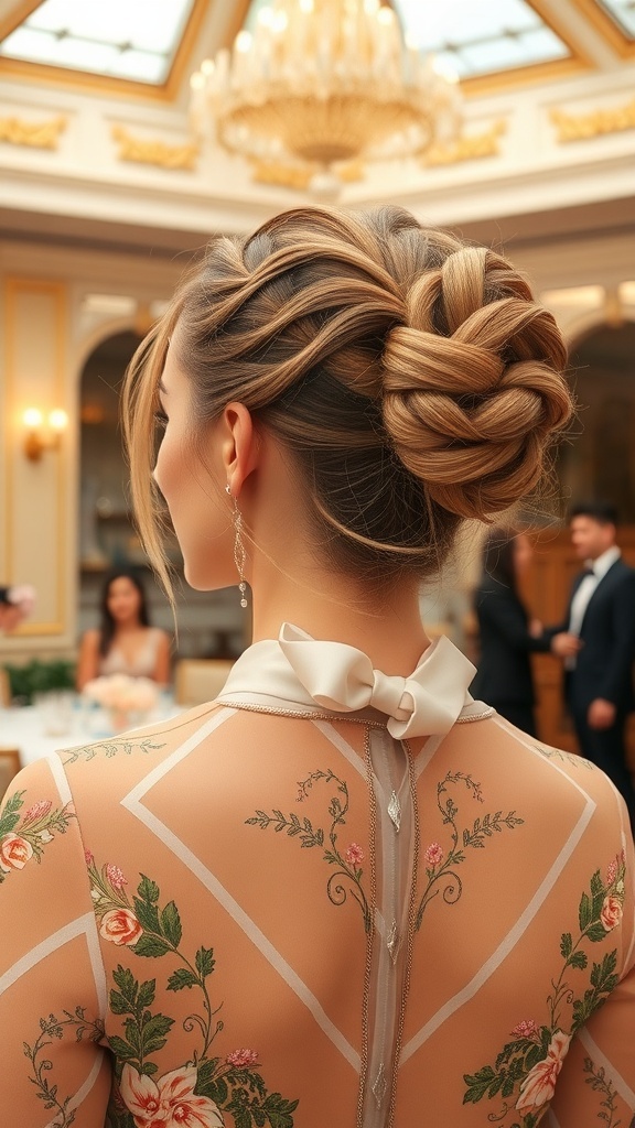 A woman with a braided updo hairstyle, wearing a floral-embroidered dress, at a formal event.