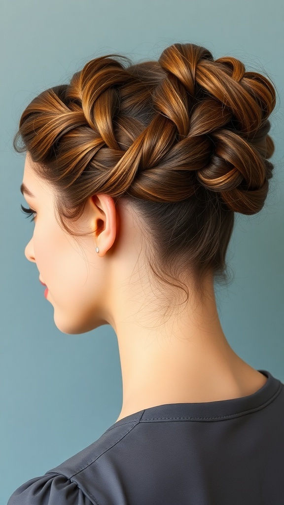 A woman with a braided updo hairstyle, showcasing intricate braids and warm hair tones.