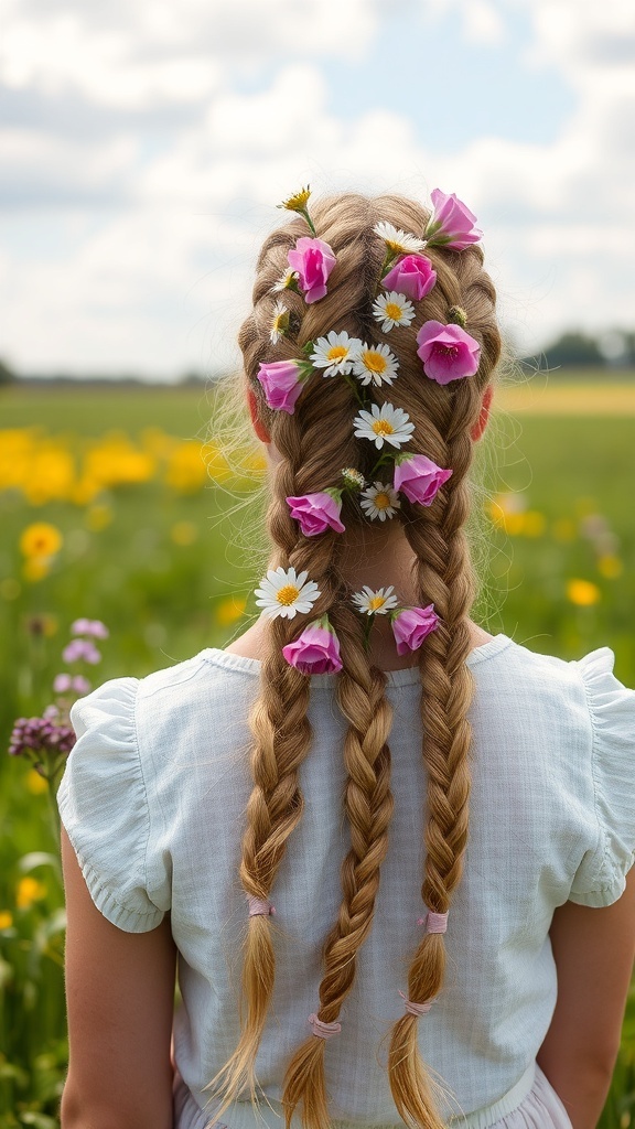 Two braided hairstyles with floral accents in a field of flowers