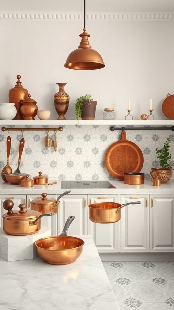 A stylish kitchen featuring brass and copper accents, including pots, pans, and decorative items.