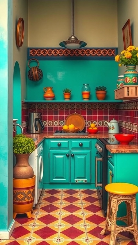 A small Indian kitchen featuring bright turquoise cabinets, red tiles, and colorful decor.