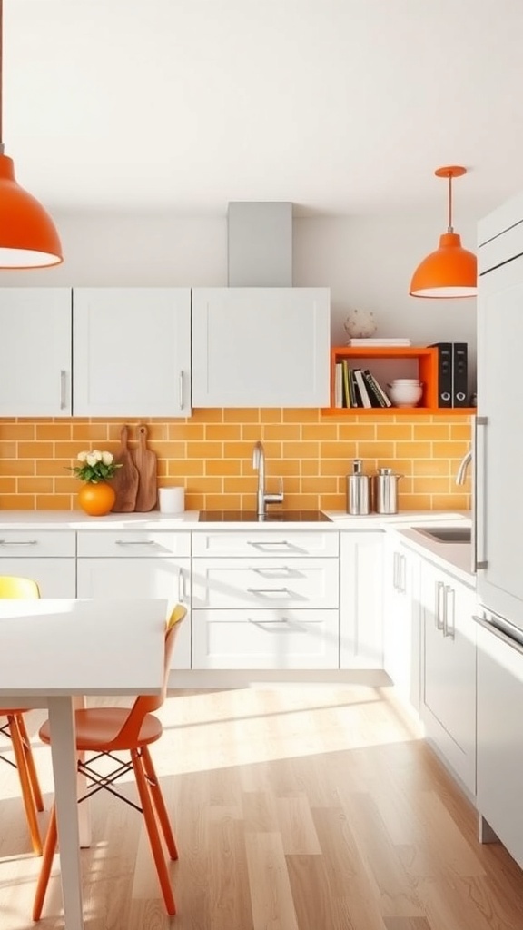 A modern kitchen featuring bright orange accents and light grey cabinetry.