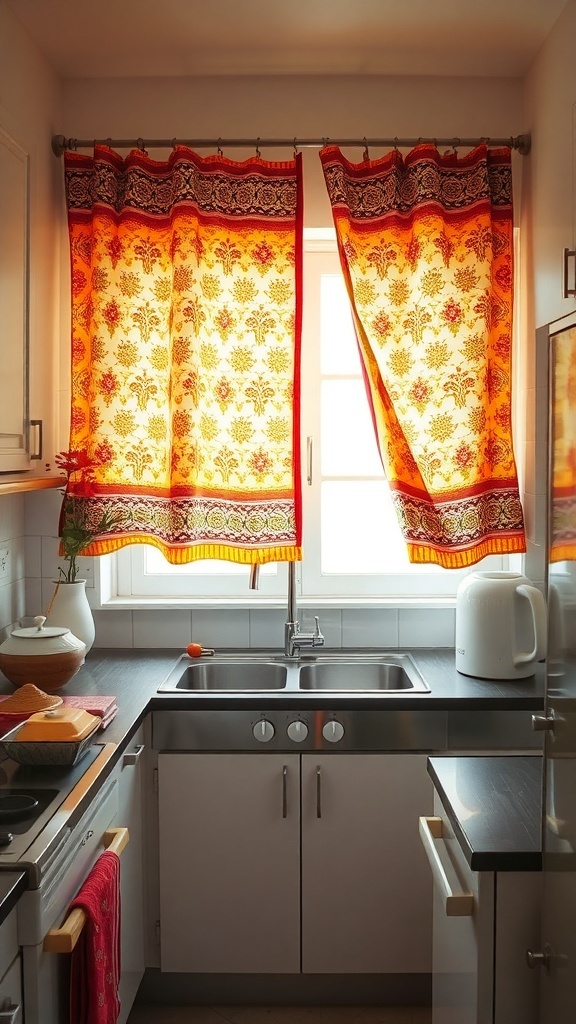Brightly colored Indian patterned curtains in a small kitchen
