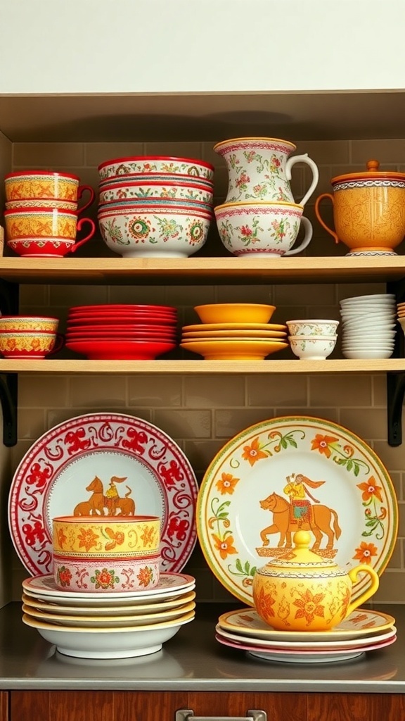 Brightly colored Indian dishware displayed on shelves