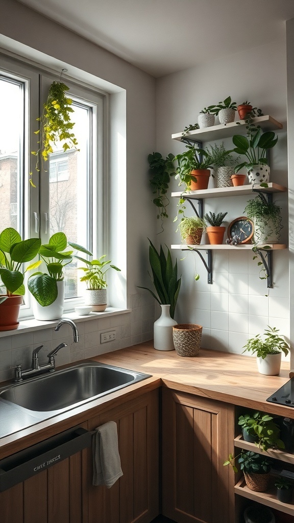 A small kitchen filled with various indoor plants on shelves and windowsills.