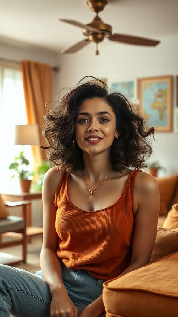 A woman with brushed-out curls, wearing an orange tank top, smiling in a cozy living room.