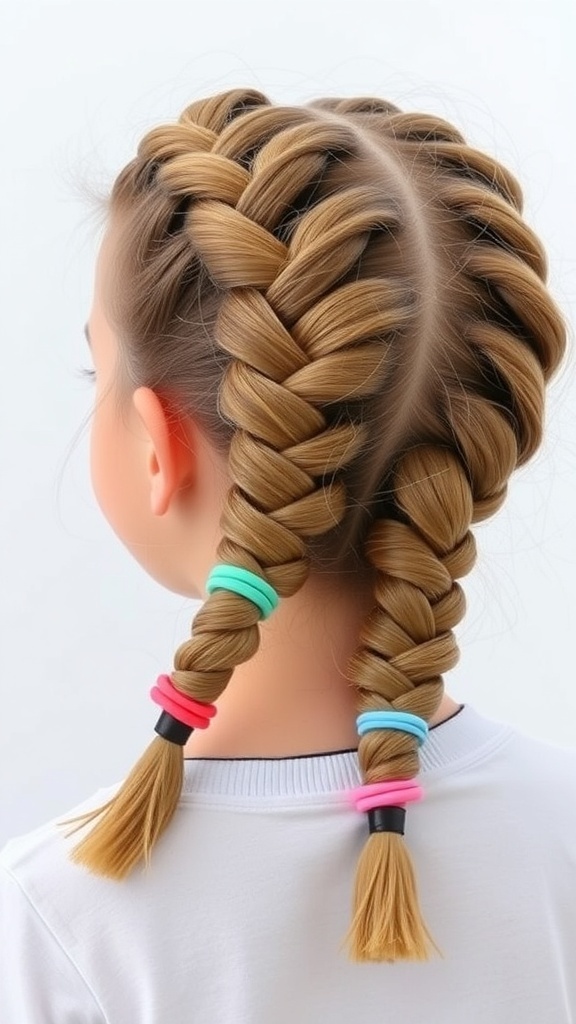 Two bubble braids with colorful hair ties, showcasing a playful summer hairstyle.