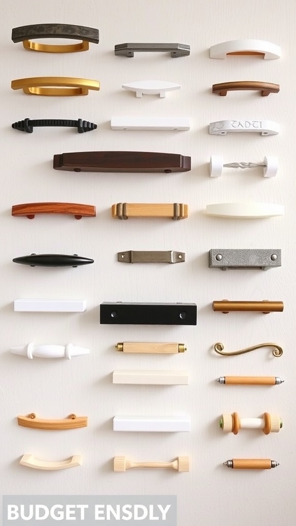 A variety of budget-friendly kitchen drawer pulls in different styles and colors.