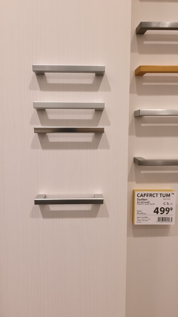 Various budget-friendly kitchen cabinet handles and pulls displayed on a cabinet.