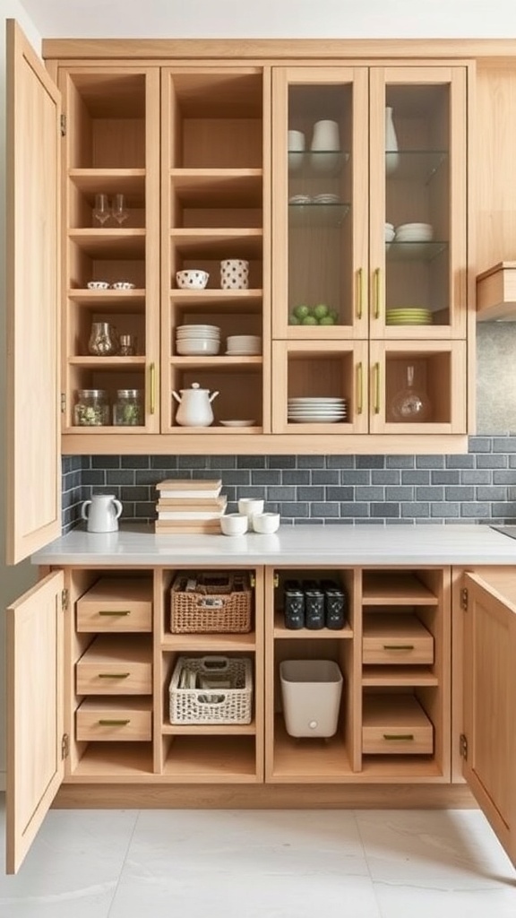 A modern kitchen cabinet system with wooden shelves and glass doors, showcasing organized storage.