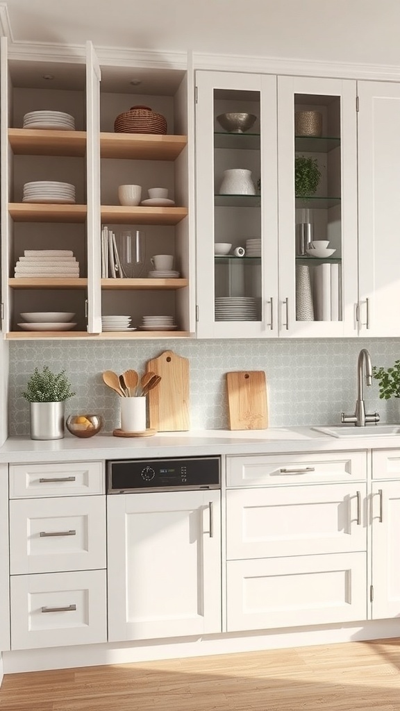 A modern kitchen with built-in storage solutions including open shelves and glass-front cabinets.