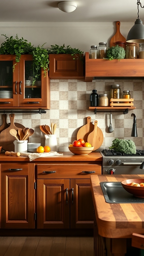 A cozy kitchen featuring butcher block countertops, wooden cabinets, and fresh fruits.