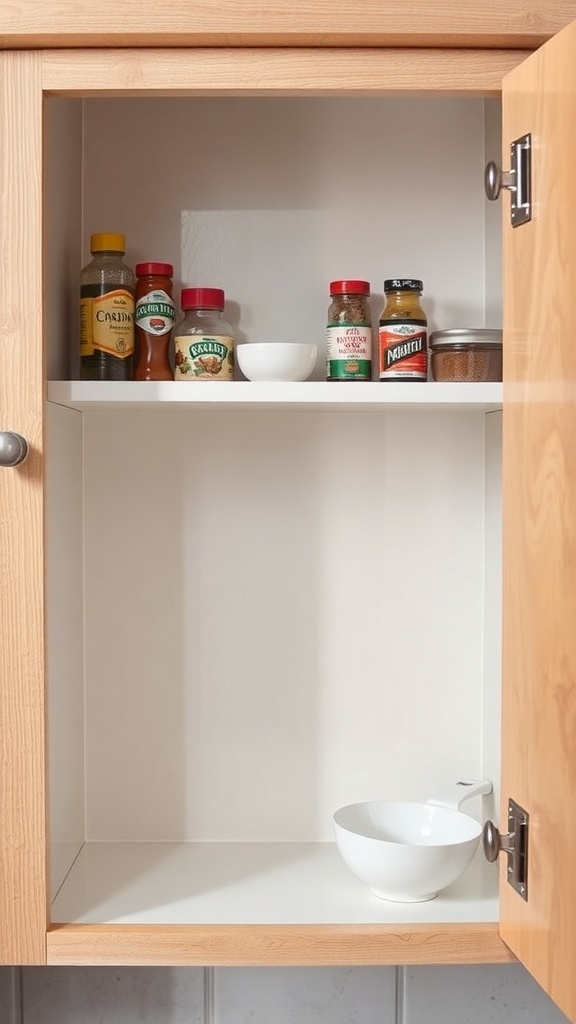 A view of a cabinet with spices and a bowl organized inside.