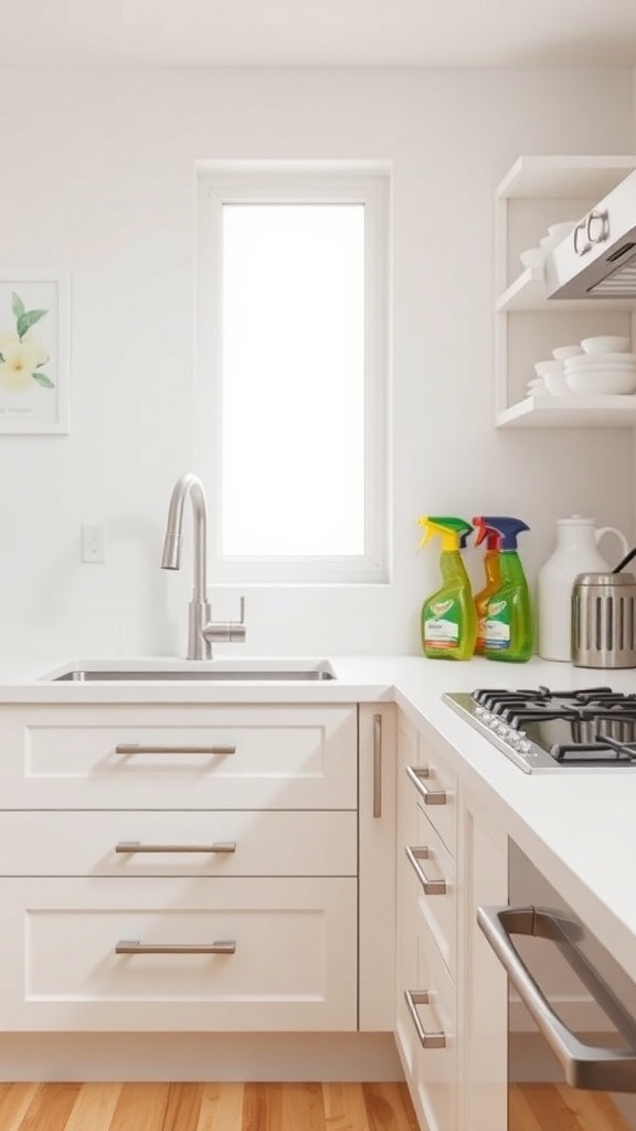 A modern kitchen with sleek drawer pulls and cleaning supplies.