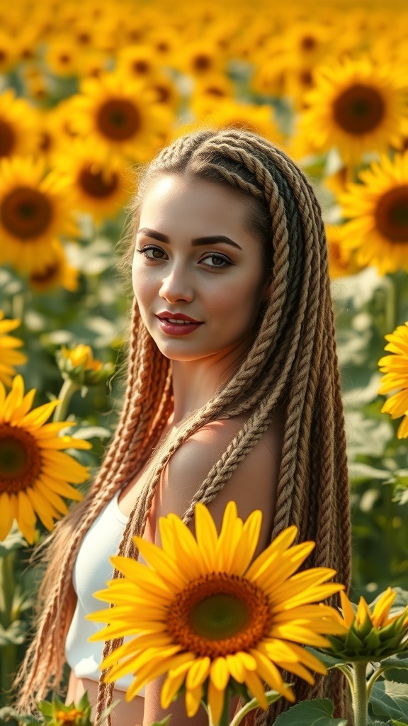 A woman with cascading braids and highlights standing in a field of sunflowers.