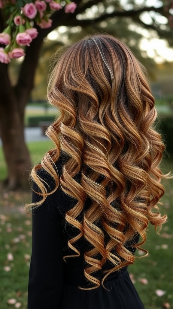 A person with long, cascading curls in warm tones, standing in a park with pink flowers in the background.