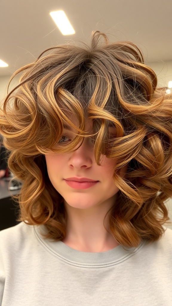 A person with a casual curly shag hairstyle, showcasing bouncy curls and layered texture.