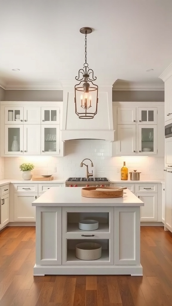 A white farmhouse kitchen featuring a stylish pendant light above the island.