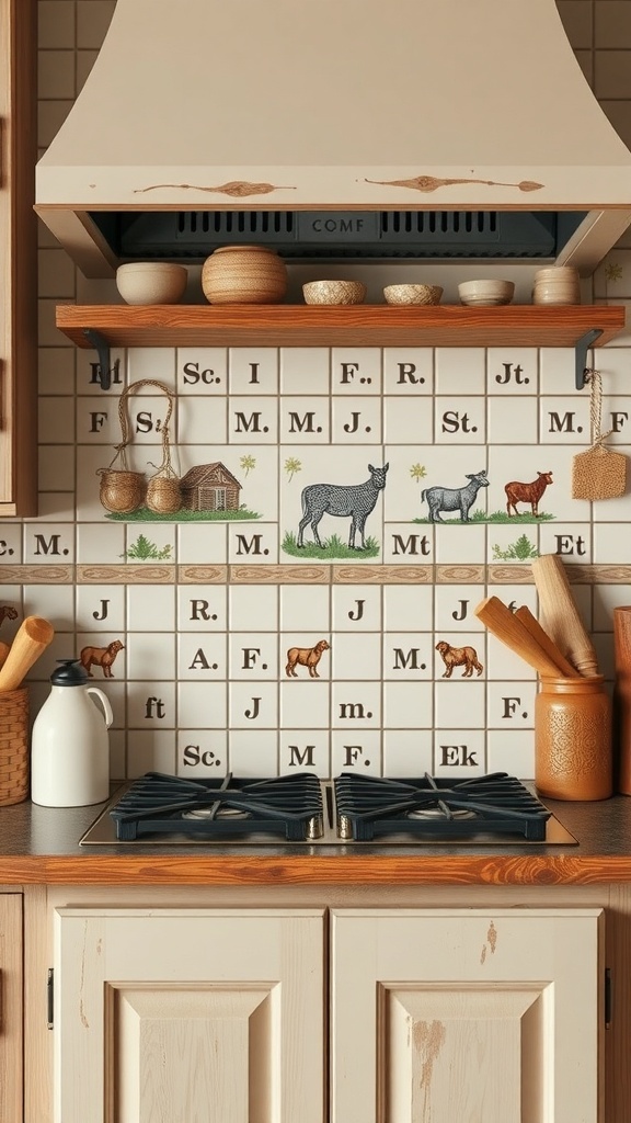 Farm-style kitchen backsplash with animal motifs