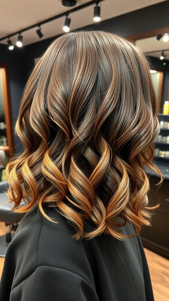 Chic curly lob hairstyle with warm tones and defined curls