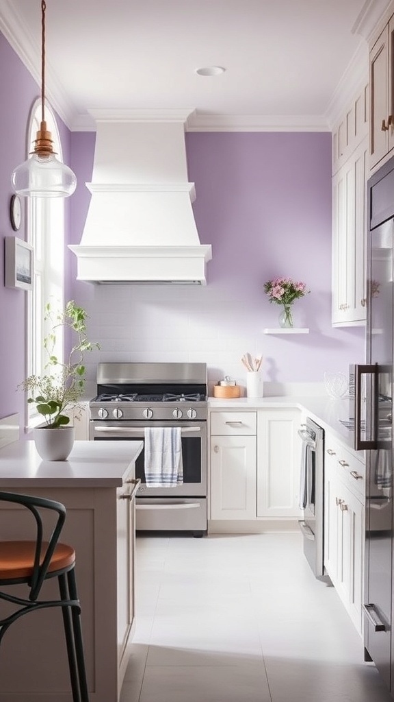 A kitchen featuring chic lavender walls and white cabinetry.