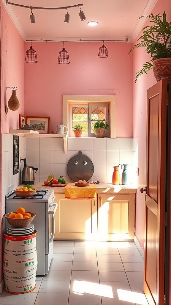 A small kitchen with pastel pink walls, bright natural light, and simple decor.
