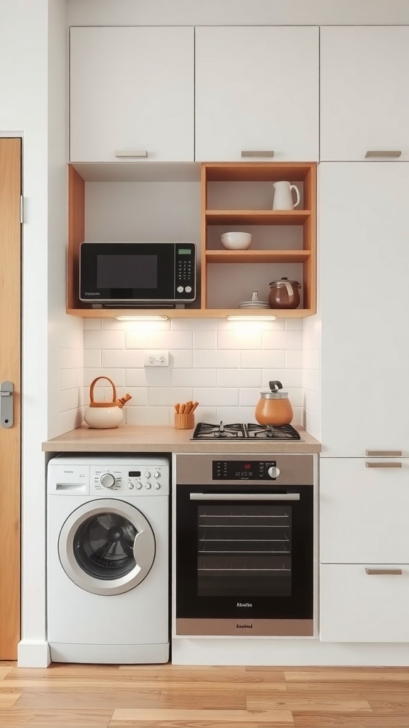 A small kitchen featuring compact appliances including a microwave, washing machine, and oven.