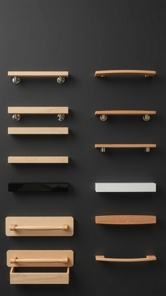 Various kitchen drawer handles displayed on a wall.
