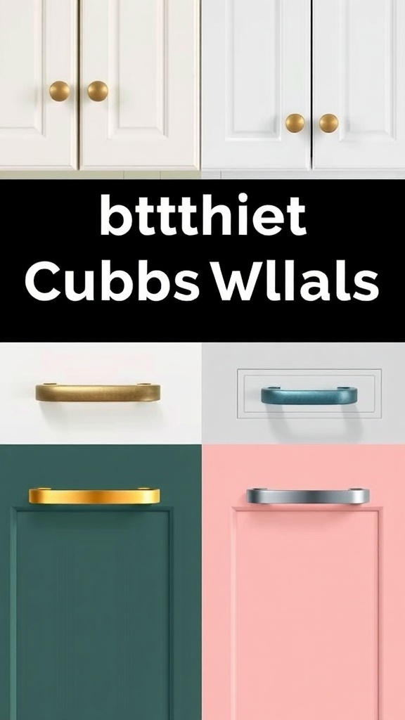 Various kitchen cupboard handles in different colors and styles.