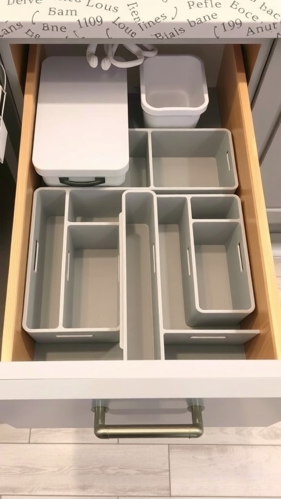 An organized kitchen drawer with various compartments for utensils and small items.