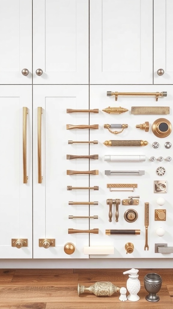 Various hardware options for white cabinets including knobs and handles.