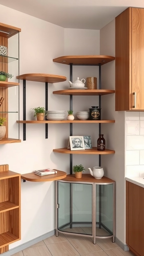 Stylish corner shelves in a kitchen with wooden shelves and metal supports.
